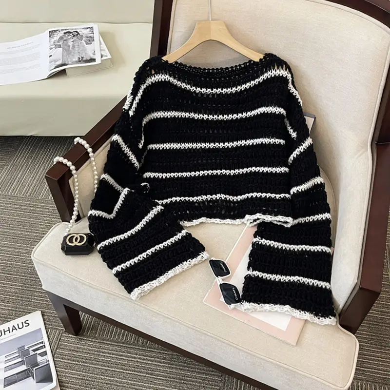 Striped Cropped Sweet-and-spicy Knit Sweater For Women