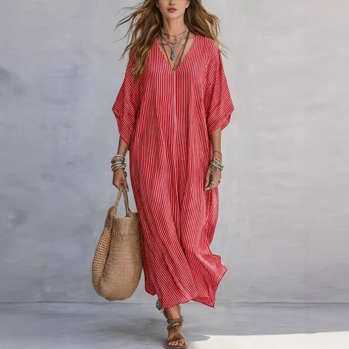 Loose-fitting Plus-size Resort Maxi Dress V-neck Shirt-style Striped Sundress