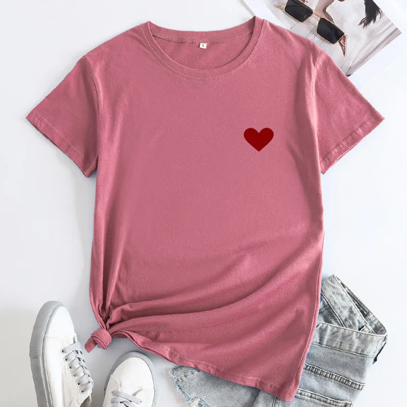 Simple And Comfortable Pure Cotton Love Short Sleeve Women's T-shirt - Rose Red