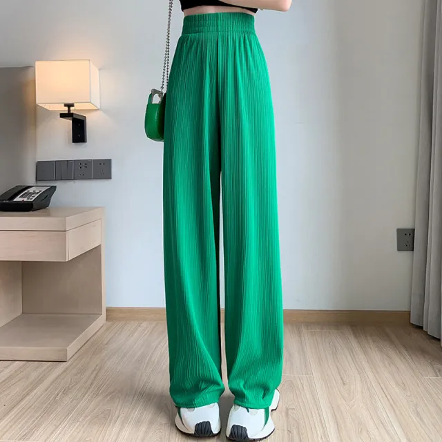 Loose Straight Casual Ice Silk Wide leg Pants Women Green - Shop at LoveMi