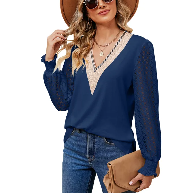 New Lace Stitching Loose Women's Top Blue - Shop at LoveMi