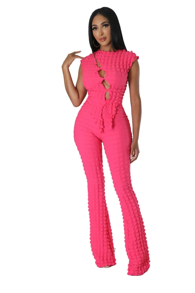 Hollow Elastic Bubble Plaid Sleeveless Suit Dark Pink - Shop at LoveMi