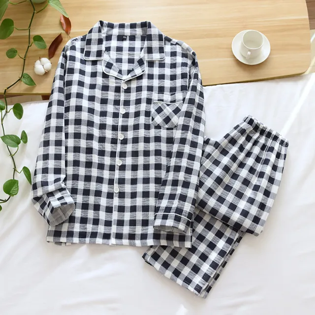 Cotton Washed Cotton Gauze Thin Section Plus Size Homewear Suit Blue Plaid Crepe Set Set Men - Shop at LoveMi