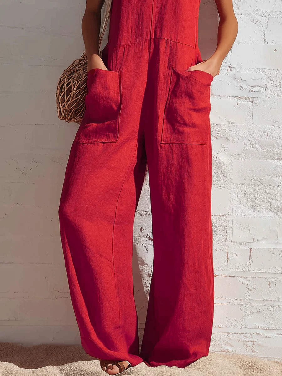 Women's wide-leg jumpsuit – pocket detail and V-neck close-up