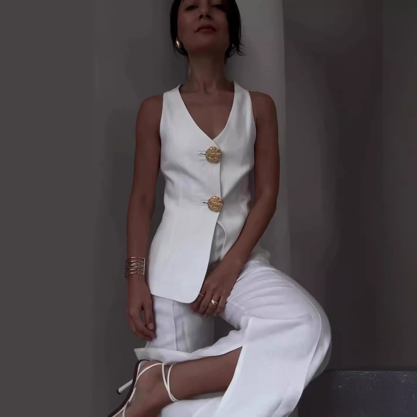 Summer New European And American Solid Color Sleeveless Slim Fit Vest Suit Pant Suit White - Shop at LoveMi