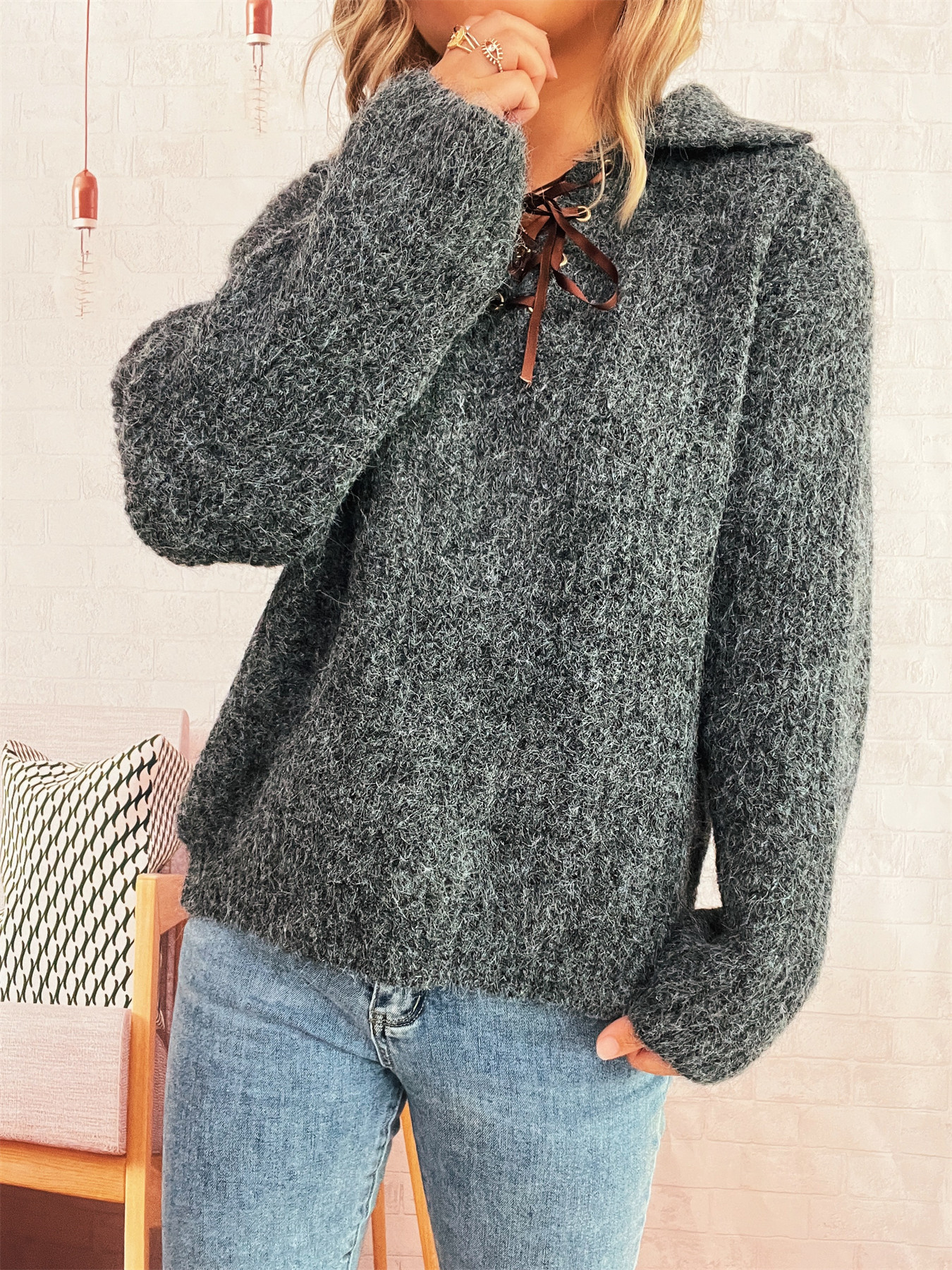 Simple Commute Lapel Tied Knitted Pullover Solid Color Loose Sweater
