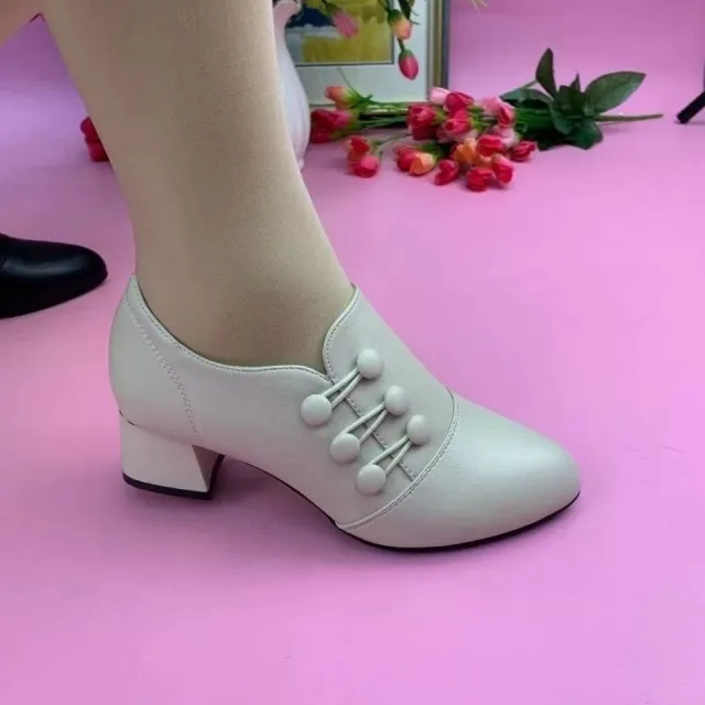 Large Size Mom Shoes Women's New Leather Shoes Mid Heel Chunky Heel Slip on Beige - Shop at LoveMi