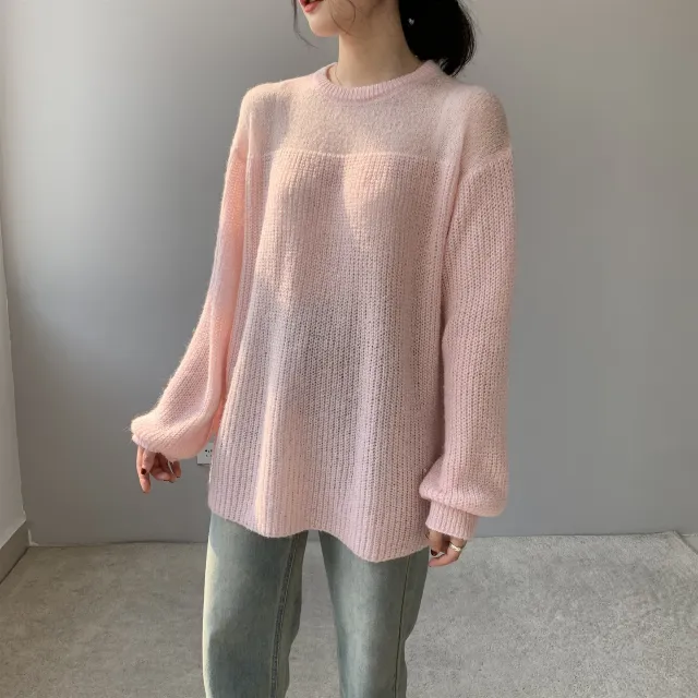 Women's Round Neck Loose Long Sleeve Sweater Pink - Shop at LoveMi
