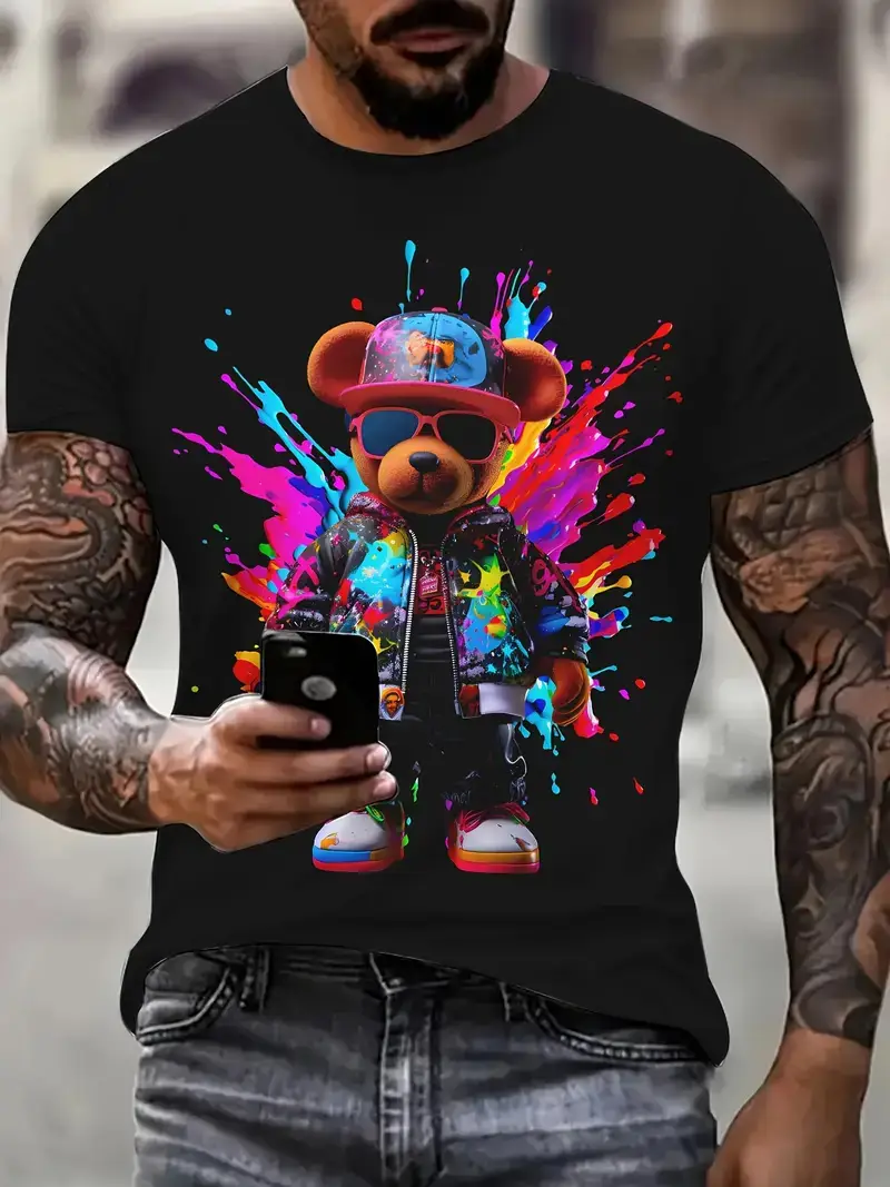 Paint Bear Pattern Printed Short-sleeved T-shirt