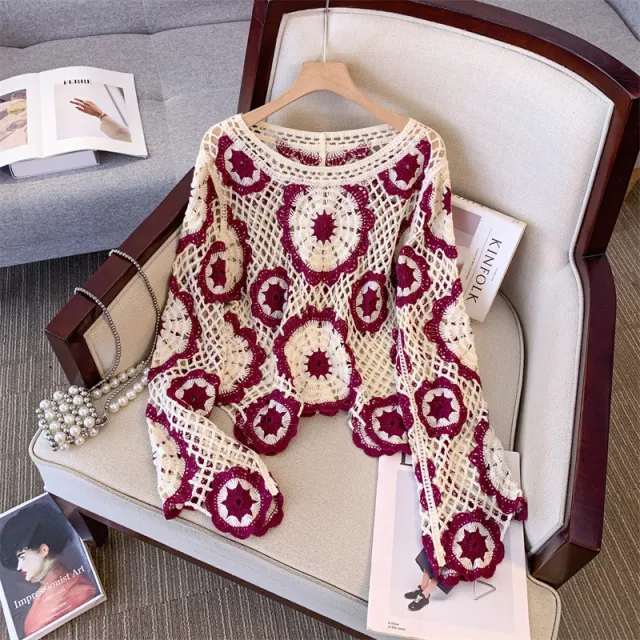 Ankela Red French Crocheted Hollow Sweater Red - Shop at LoveMi