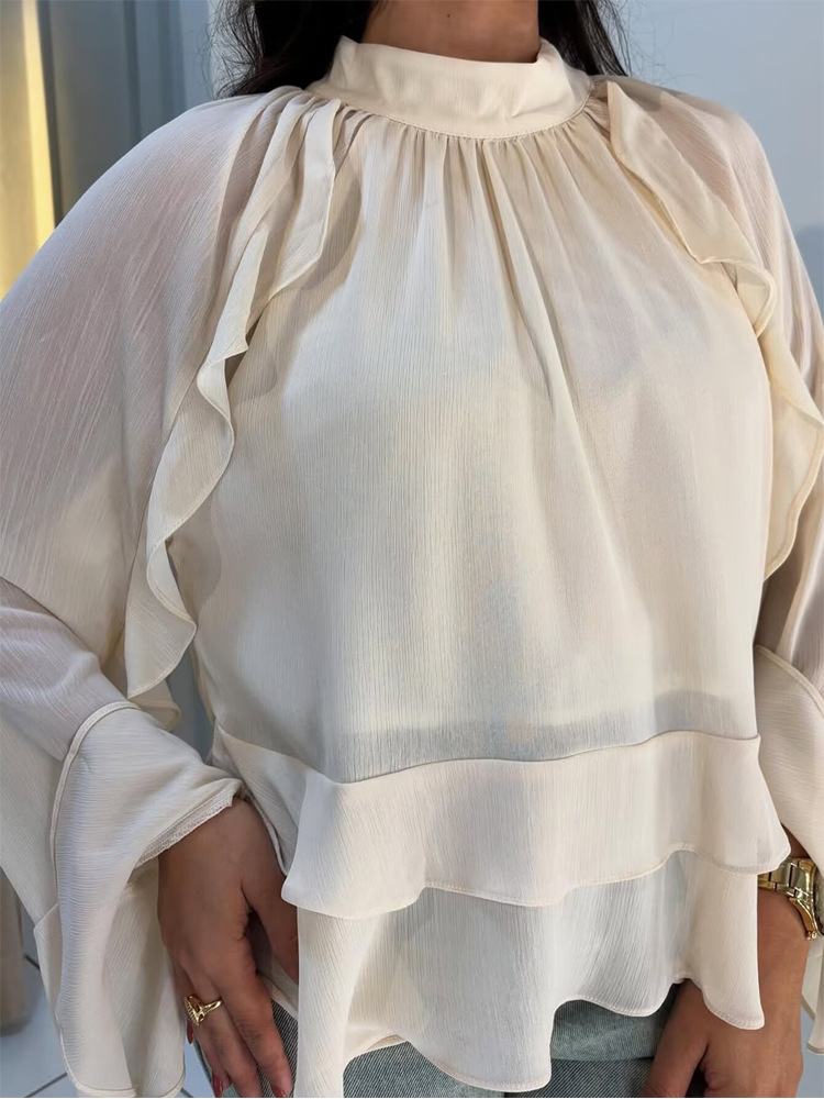 Ruffled Vintage Beige Satin Top for Women, Long Sleeve