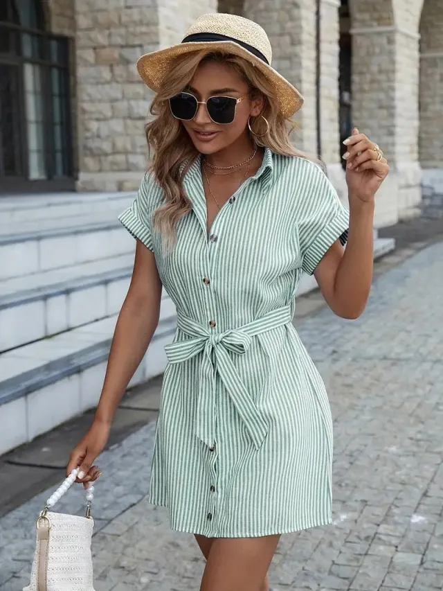 Casual Short Sleeve Striped Printed Dress Green - Shop at LoveMi