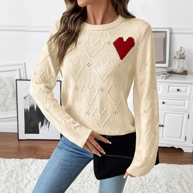 Valentine's Day Love Crew Neck Pullover Sweater Women Apricot - Shop at LoveMi