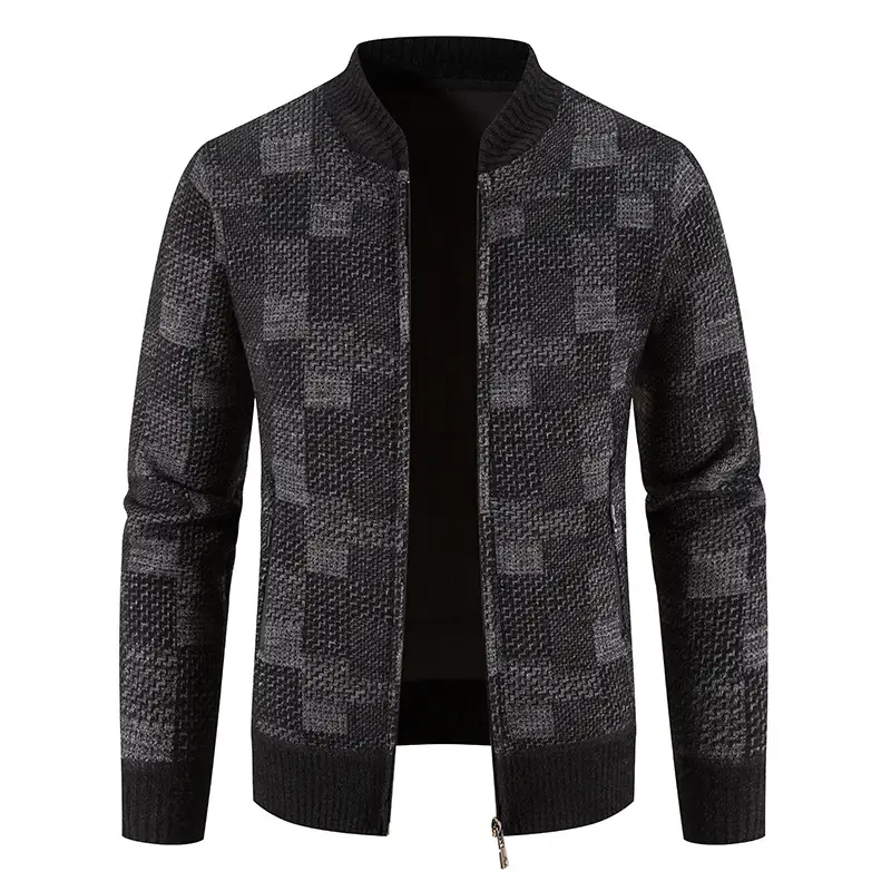 Men's Fleece-lined Thickened Baseball Collar Plaid Knitted Cardigan