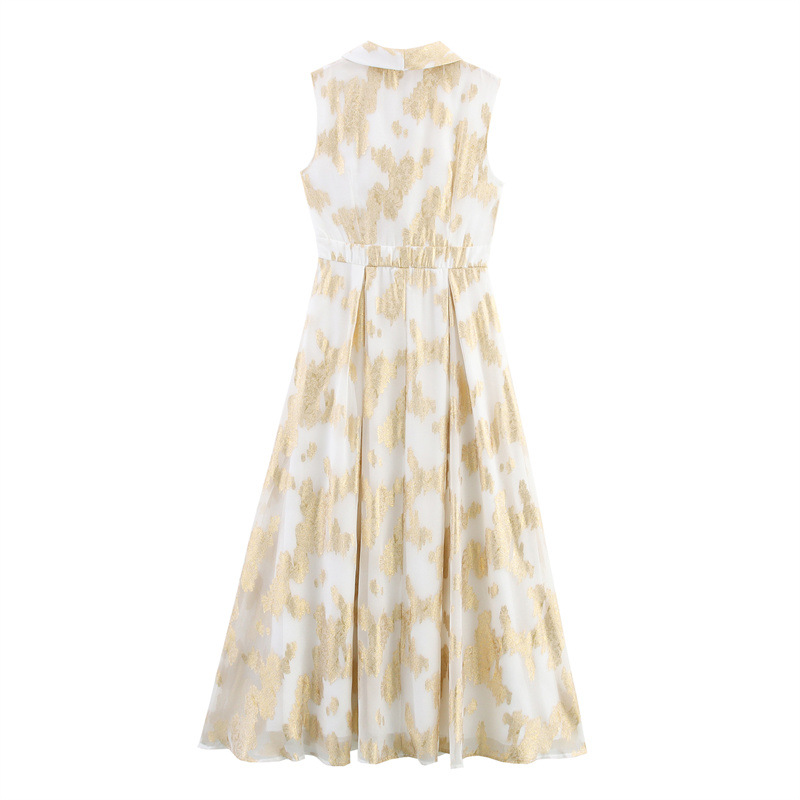 Fitted Waist Turn-down Collar Sleeveless Long Dress