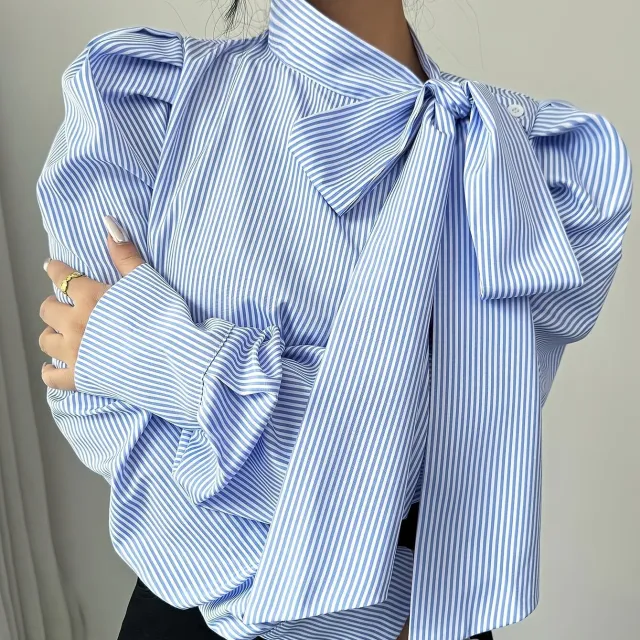 Elegant Bow Collar Long Sleeve Women's Blouse Blue Stripes - Shop at LoveMi