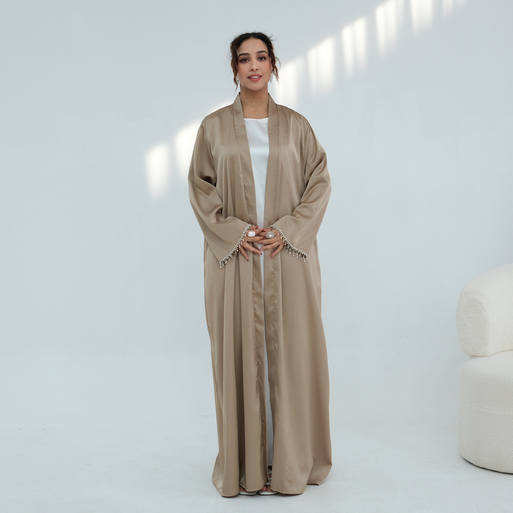 Middle Eastern Plus-Size Long-Sleeve Beaded Cardigan