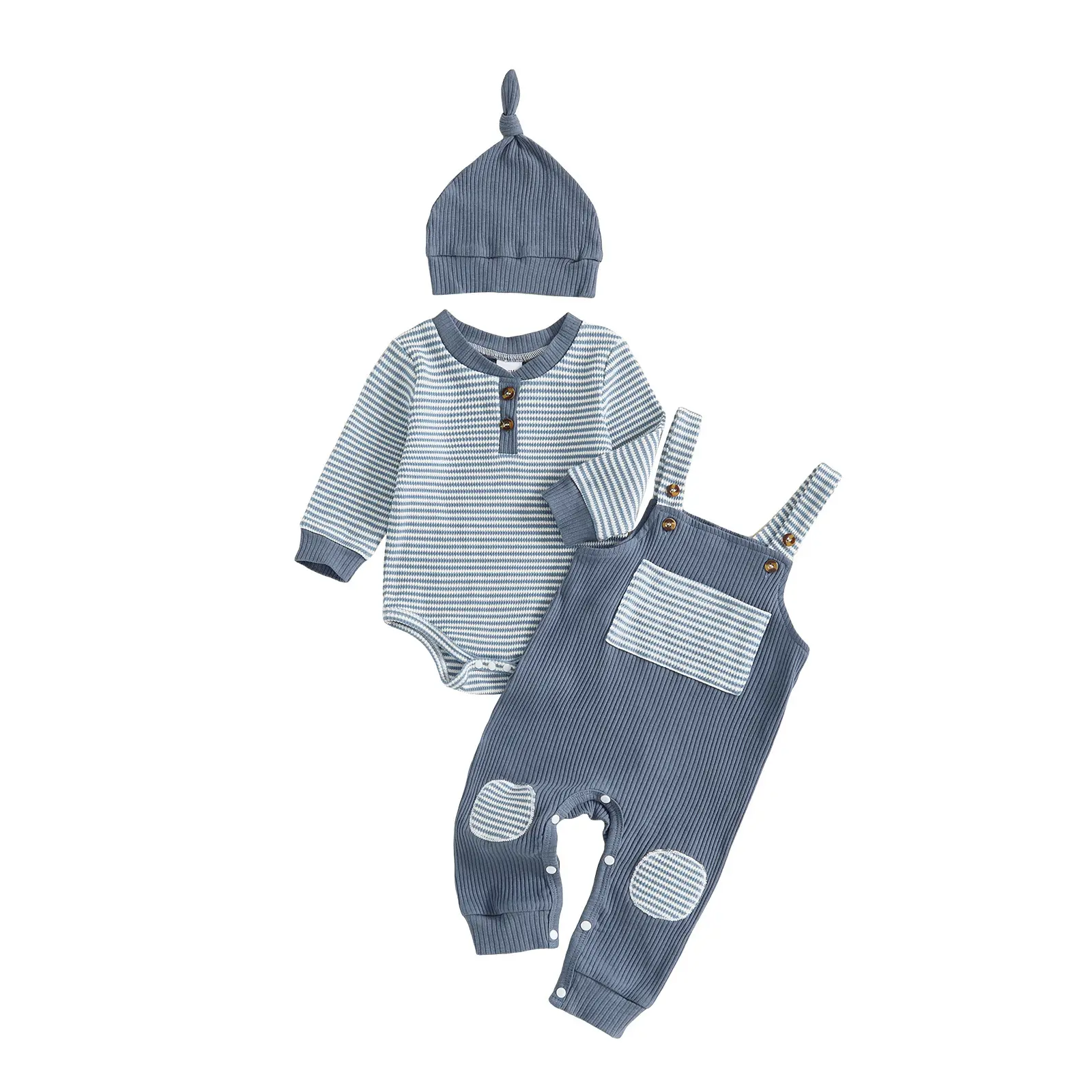 Long-sleeve Striped Romper With Bib Overalls Solid-color