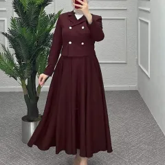 Buttoned Wool Coat And Preppy A-Line Maxi Dress Set - Red - View 1