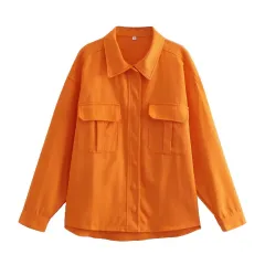 Oversized Loose Orange Imitation Denim Single-breasted Large Pocket Long Sleeve Women's Shirt - Orange - View 1