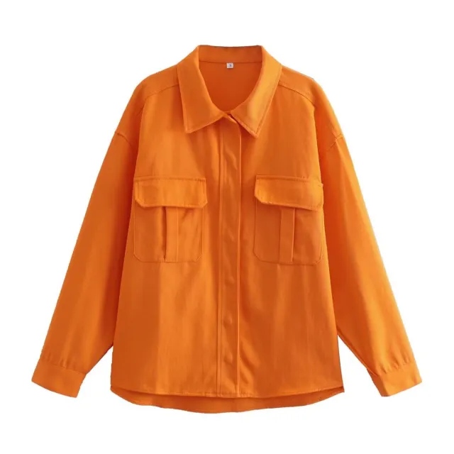 Oversized Loose Orange Imitation Denim Single breasted Large Pocket Long Sleeve Women's Shirt Orange - Shop at LoveMi