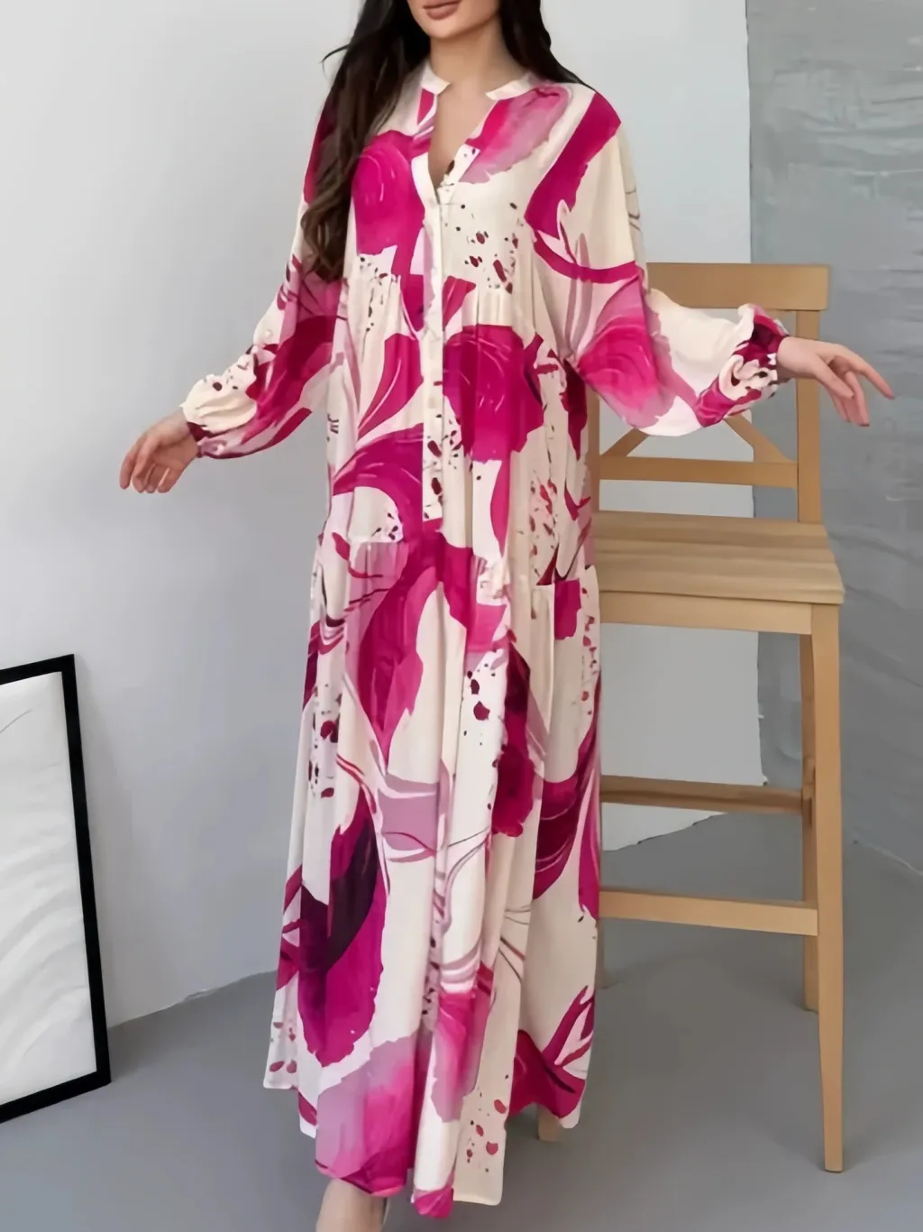 Loose Casual Long Sleeves Temperament V-neck Dress - Rose