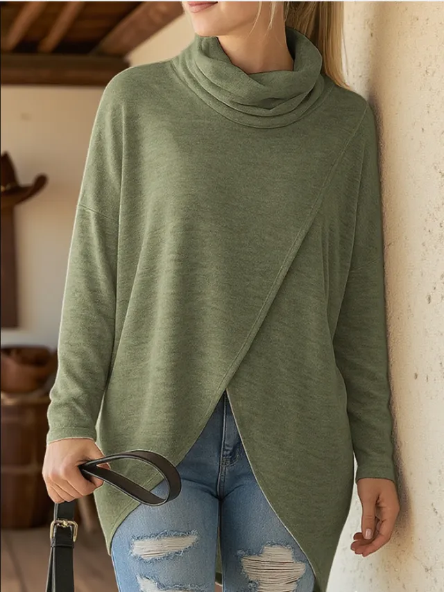 Casual, Relaxed fit, Fashionable Long sleeve Solid color Turtleneck Knit Top Green - Shop at LoveMi