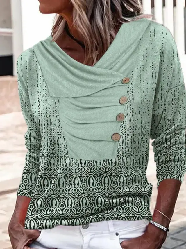 Women's Long sleeved Lapel Button Loose Print T shirt Sweater 2 Style Xxl - Shop at LoveMi