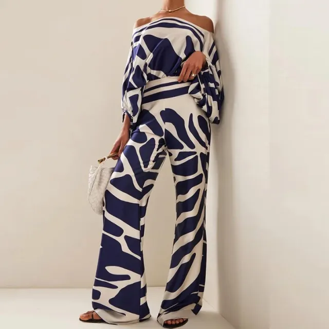 Summer Women's Clothing Printed Round Neck Loose Batwing Sleeve Waist Wide Leg Pants Fashion Casual Set Blue - Shop at LoveMi