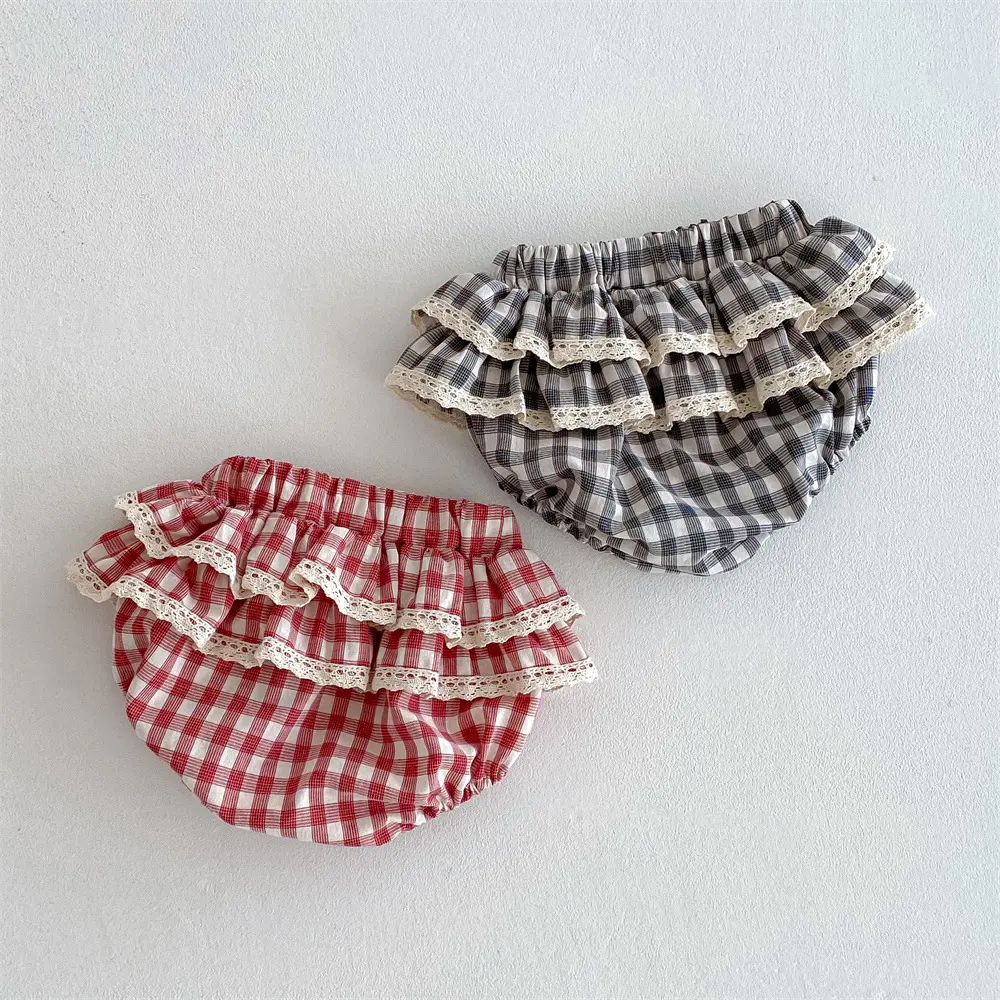 Girls Plaid Lace Culottes with Double-layer Ruffled Trim