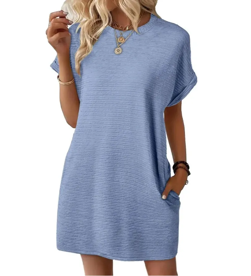Loose Round Neck Pocket Solid Color Short Sleeve Dress Women - Light Blue