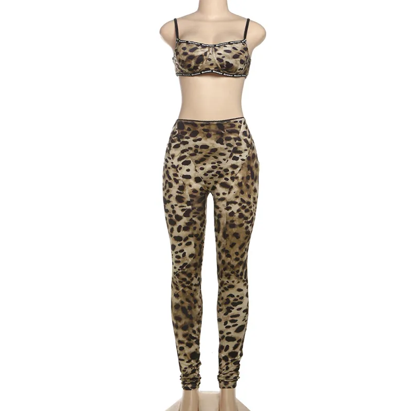 Leopard Print Sexy Suspender High Waist Tight Trousers Two-piece Set - Leopard