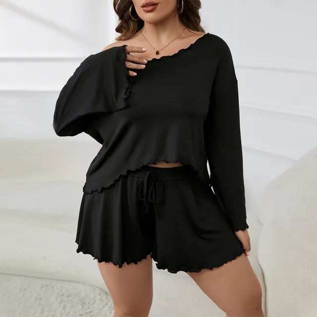 Simple style Plus size Loungewear Set Summer Ruffled edge Long sleeve Top And Cropped Pants Black - Shop at LoveMi