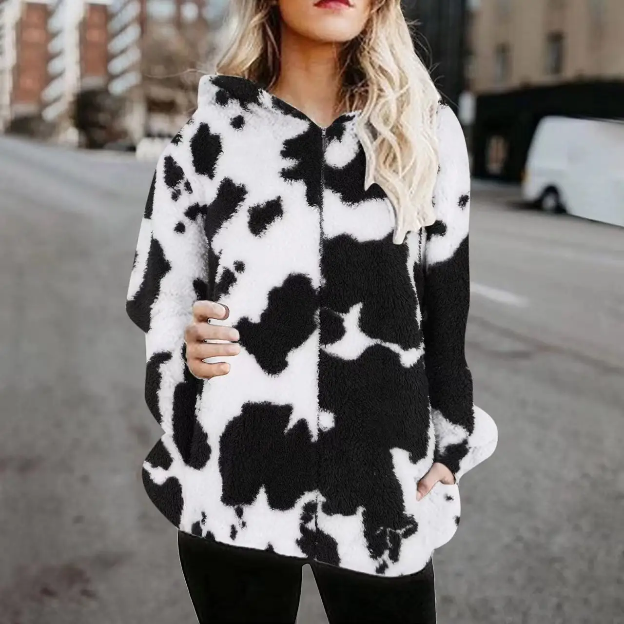 Women's Casual Fashion Plush Printed Zip-Up Jacket