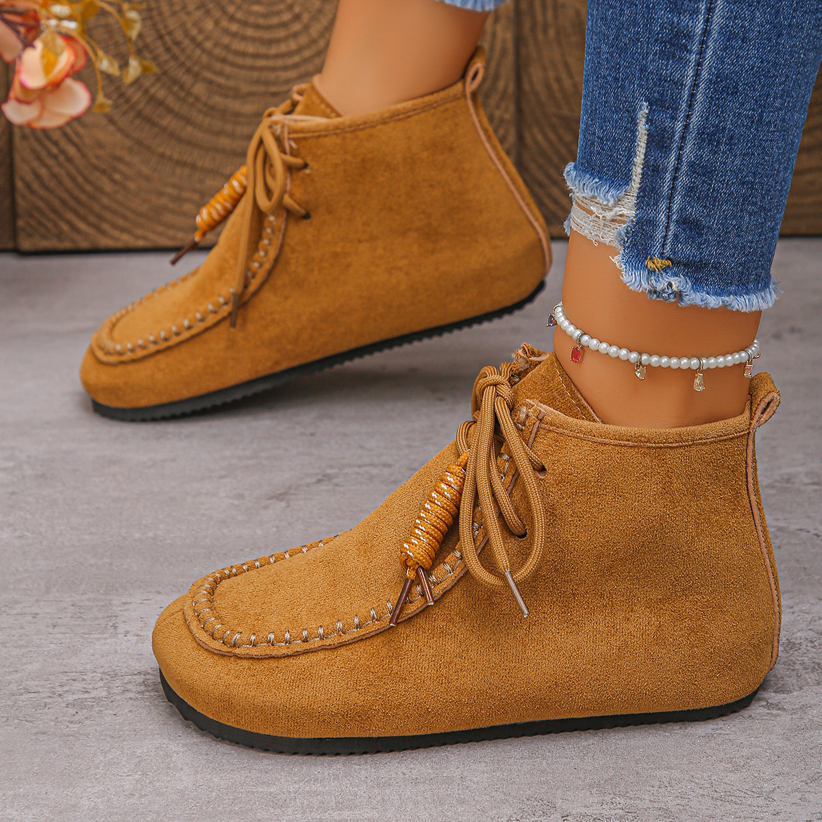 Retro-style Chunky-soled Height-increasing Lace-up Ankle Boots For Women