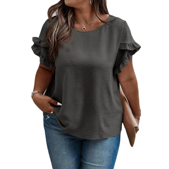 Oversized Loose Fitting Women's Ruffled Short Sleeved T shirt Gray - Shop at LoveMi