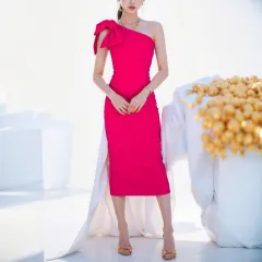 Elegant Solid Colour And V-neck Slant Shoulder Split Dress - 25023 Rose Red - View 1