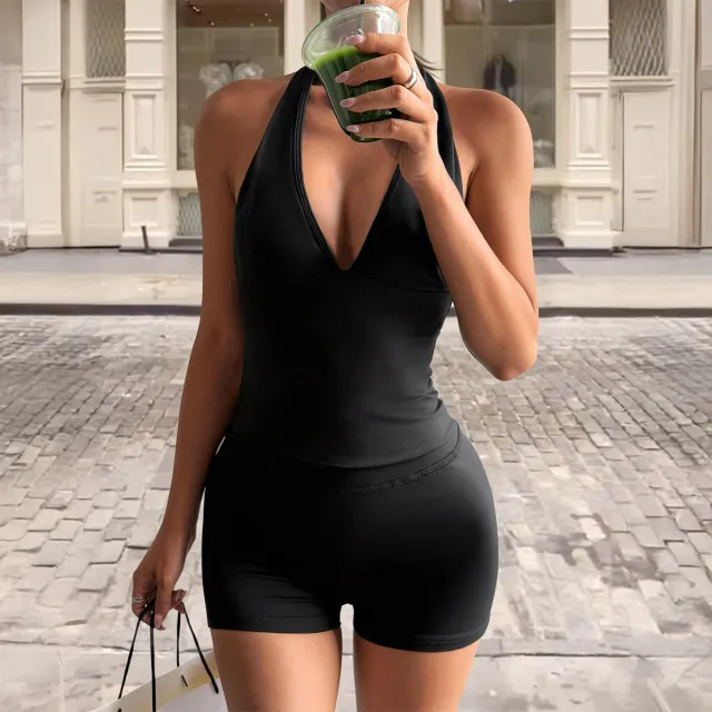 European And American style Tight fitting Top And Shorts Two piece Women's Outfit Black - Shop at LoveMi