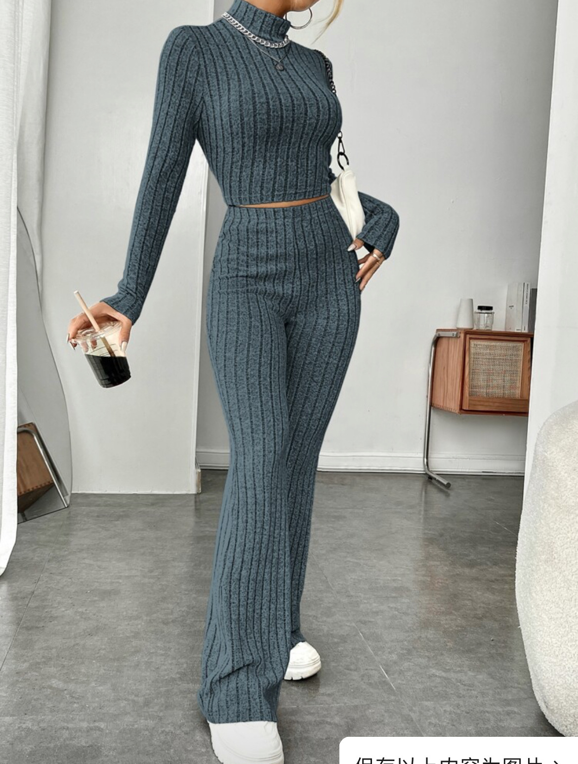 Turtleneck Wide Leg High Waist Trousers Suit. Product information: Pattern: solid color Fabric name: Cotton Color: Bean green, light gray, dark red, sapphire blue, navy blue, orange red, black Sleeve type: regular sleeve Pants length: trousers Main fabric