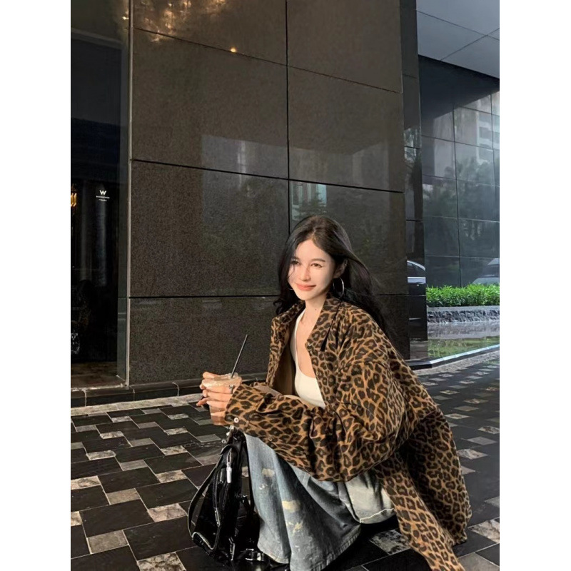 Womens Retro Leopard-Print Lapel Long-Sleeve Coat
