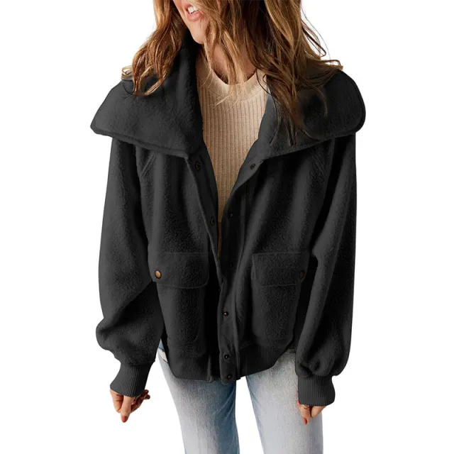 Casual Cardigan Breasted Jacket Women's Warm Plush Long Sleeve Jacket Lc8512821 Black - Shop at LoveMi