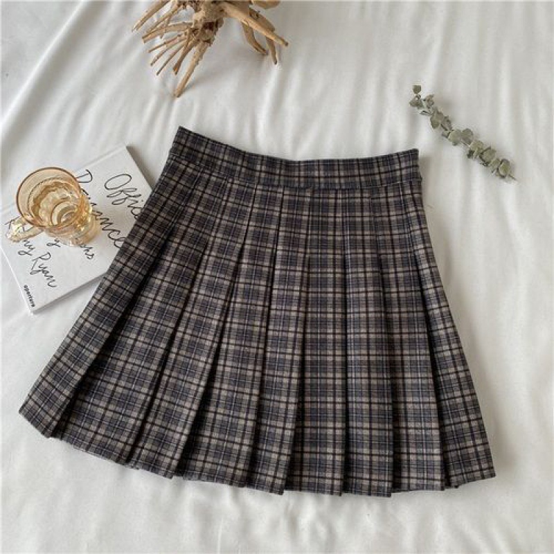 Autumn Winter Retro Coffee Color Plaid High Waist Half length Summer Dress For Women Khaki Small Plaid - Shop at LoveMi