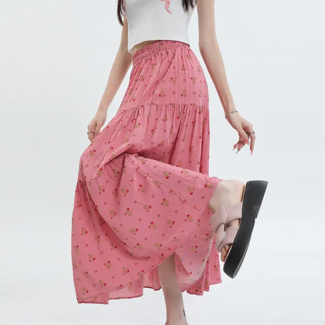 Chiffon Floral Long Dress High Waist Umbrella Skirt A Line Skirt Pink - Shop at LoveMi