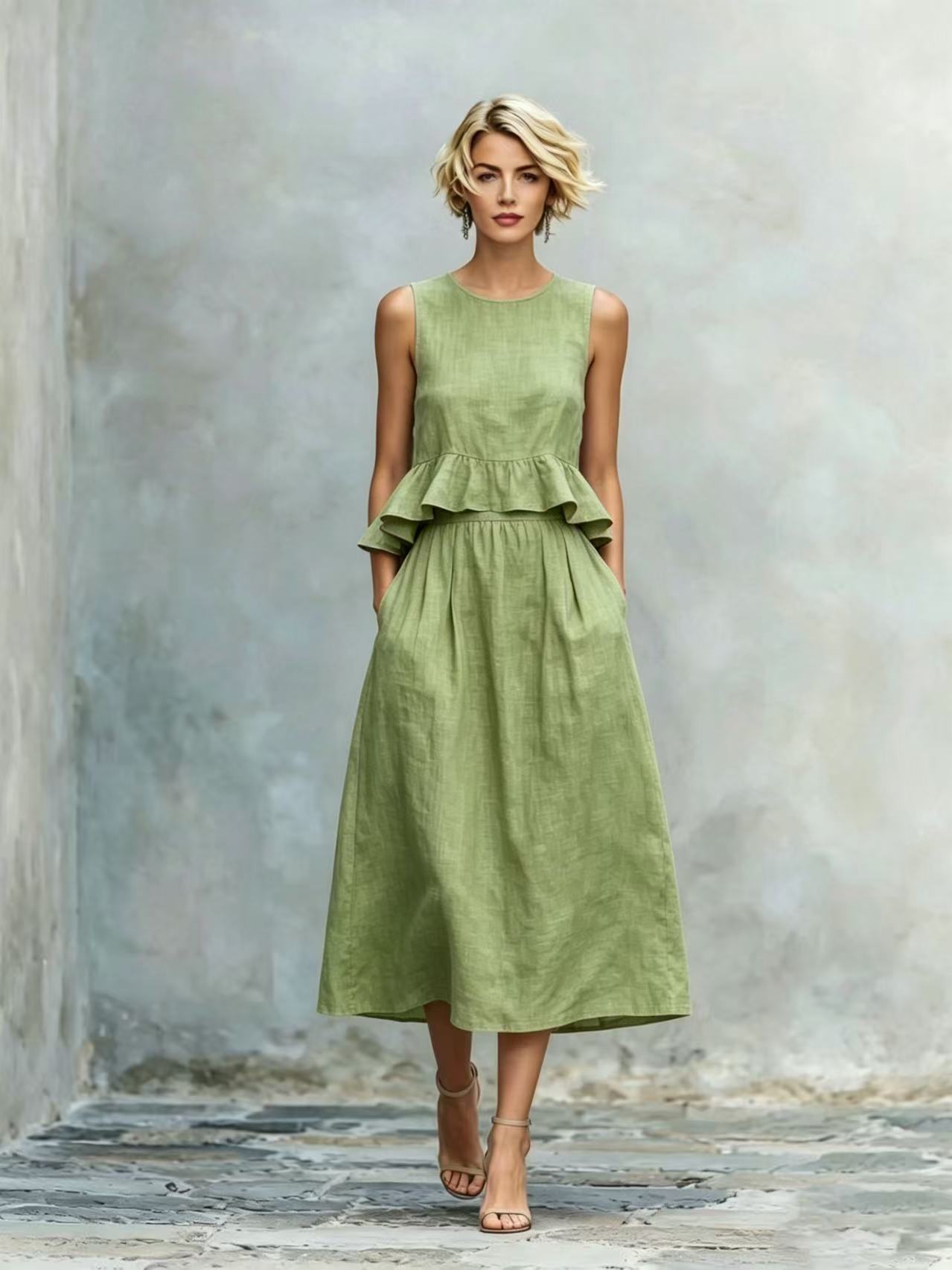 Women's High-Waist Ruffle Maxi Dress in Light Green – resort wear summer style