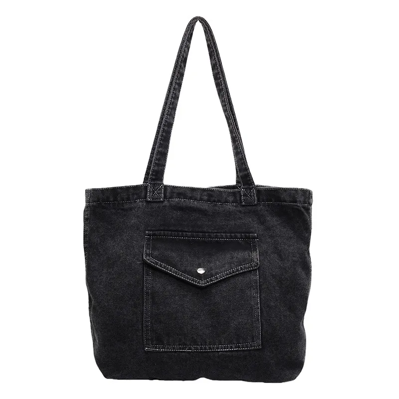 Denim Shoulder Bag Large Capacity Shopping Bag Tote Bag - Black