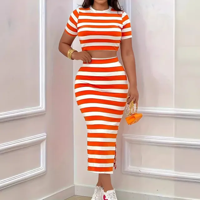 Fashionable Elegant Style All match Casual Striped Short sleeved Top Slim Skirt Suit Orange - Shop at LoveMi