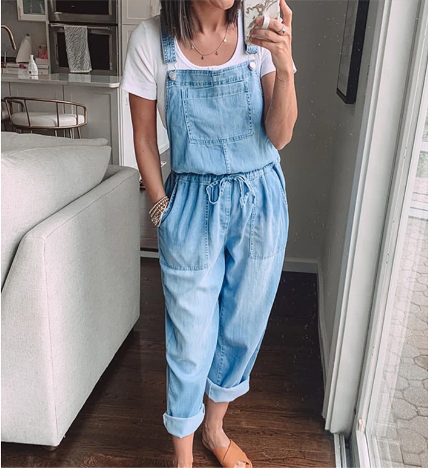 Women's cotton sleeveless wide-leg overall jumpsuit pants – dark blue front view
