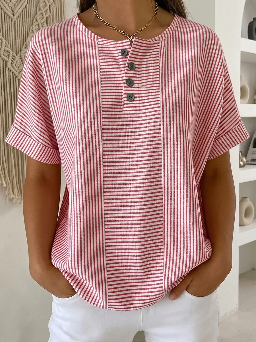 Women's linen striped T-shirt in pink – V-neck button detail loose fit casual