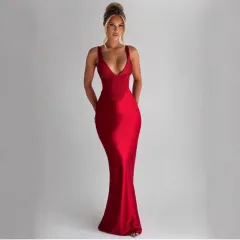 Long Dress Solid Color Sexy Slit Sleeveless Round Neck Dress - Red - View 1