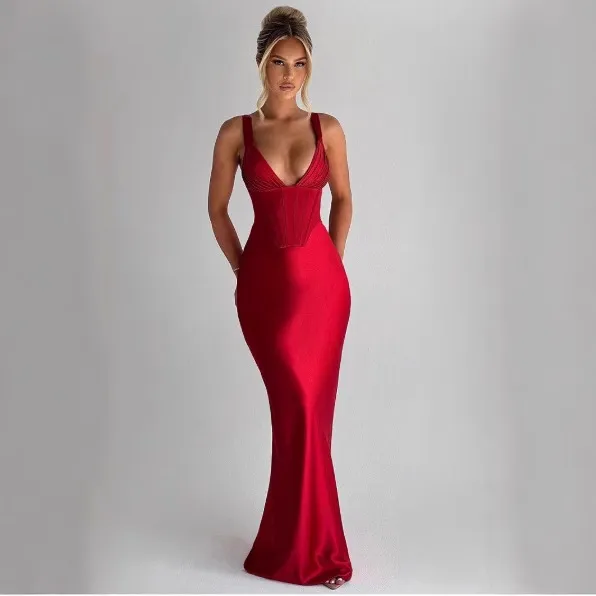 Long Dress Solid Color Sexy Slit Sleeveless Round Neck Dress Red - Shop at LoveMi